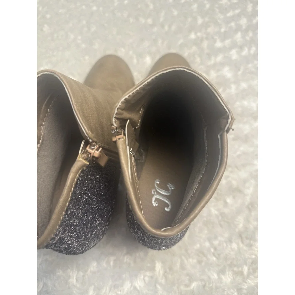 Women's US 8.5 Taupe/Black Ankle Booties Round Toe Side Zip Glitter Accent